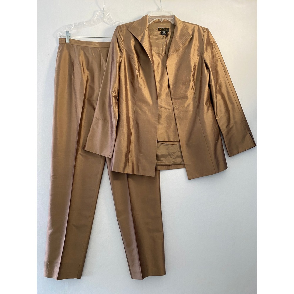 MXI 100% Silk 3 Piece Pant Suit Set Bronze Metallic Blazer Trousers Camisole 6